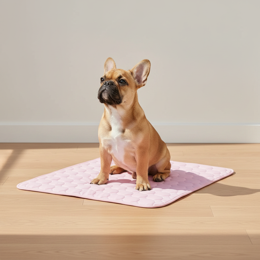 Frenchie on pink mat