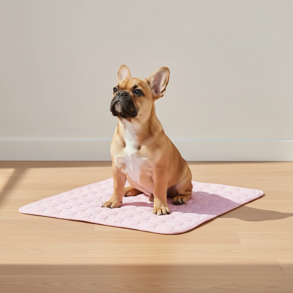 Frenchie on pink mat