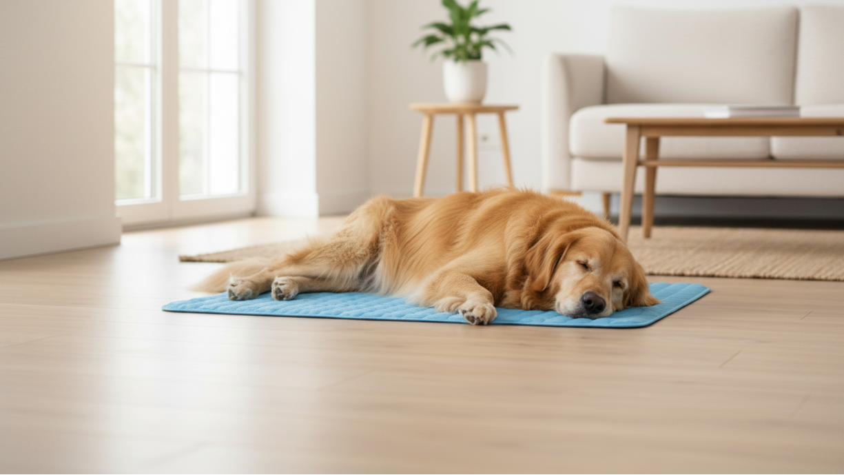 Golden on blue mat