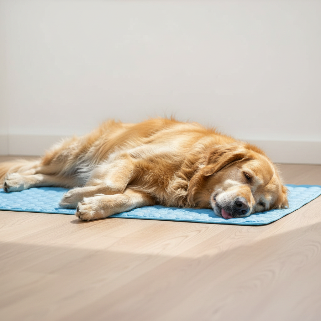 Golden on blue mat